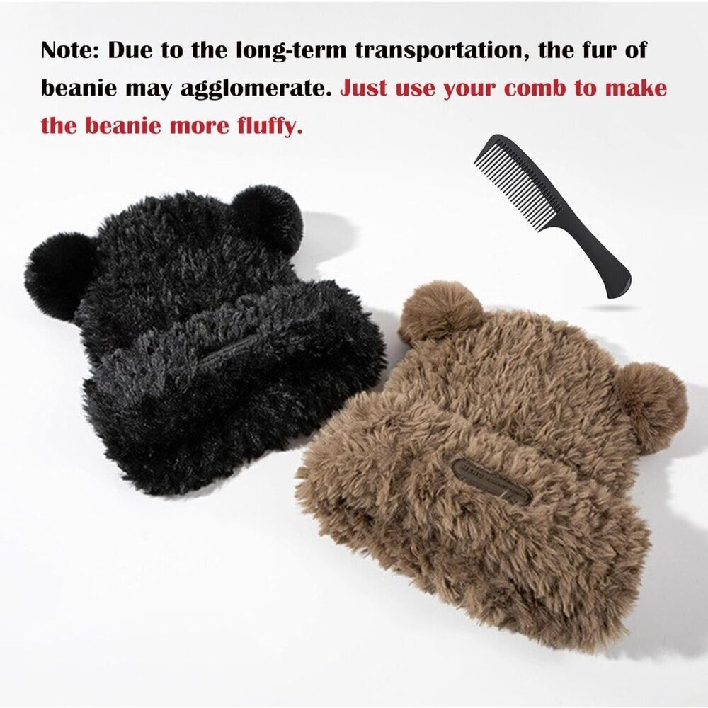 Women's Khaki Furry Beanie with Pom Pom Winter Warm Knitted Hat Bear Costume - Picture 5 of 6